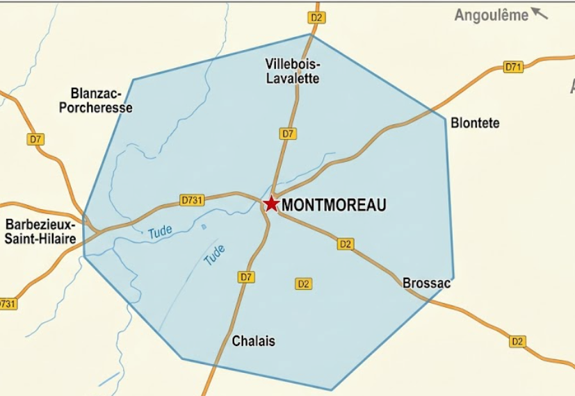Service area map centered on Montmoreau covering Chalais, Aubeterre, and surrounding Charente towns